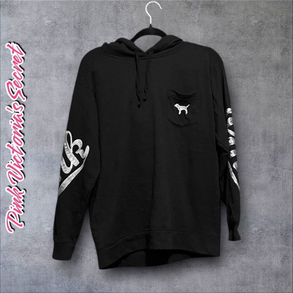 Preowned RARE PINK Victoria’s Secret Sequin Logo Hoodie - Black - Size XS